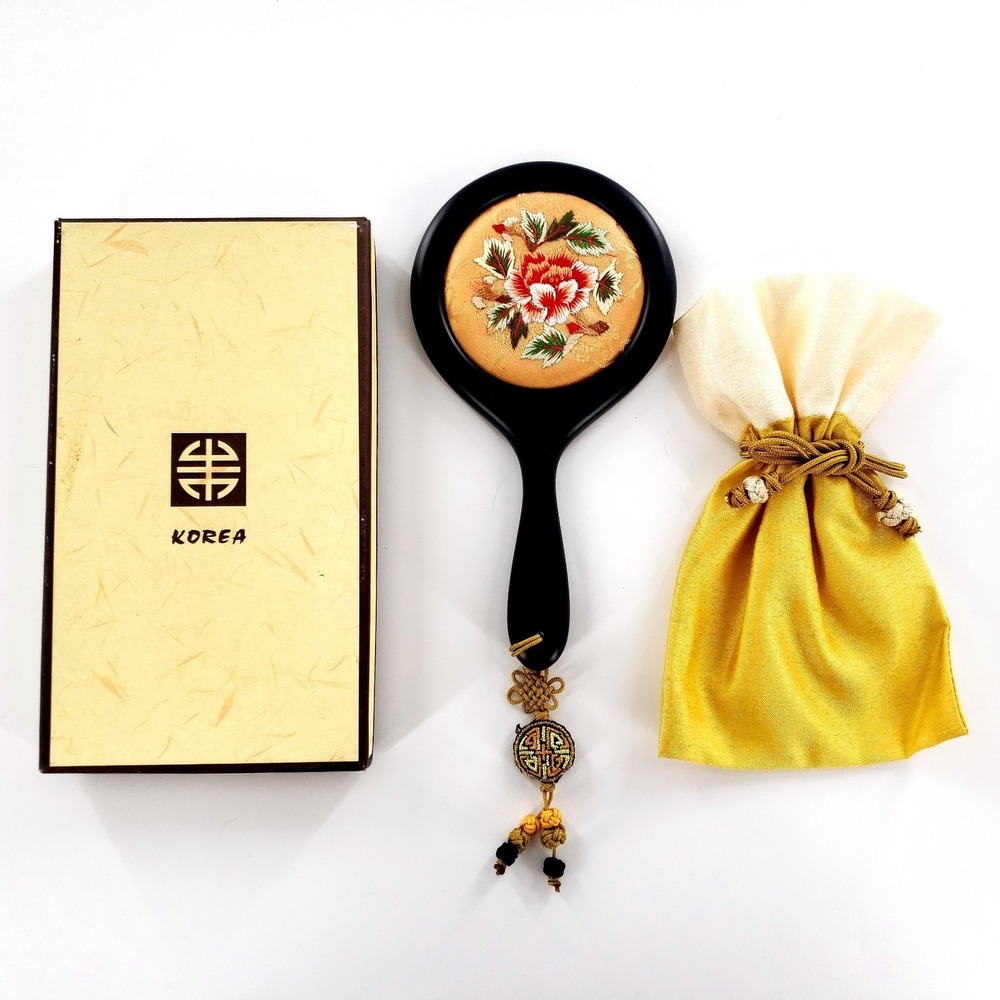 Korea Embroidered Floral Hand Pocket Mirror w/ Bag & Box 6"
